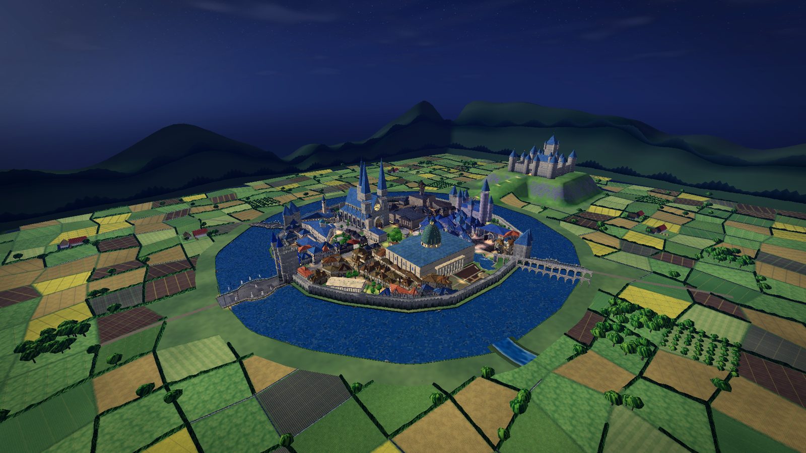 Aerial view of iamar city at night: the walled city on its island in a wide moat, lit windows, fields all round and the castle on the hill behind