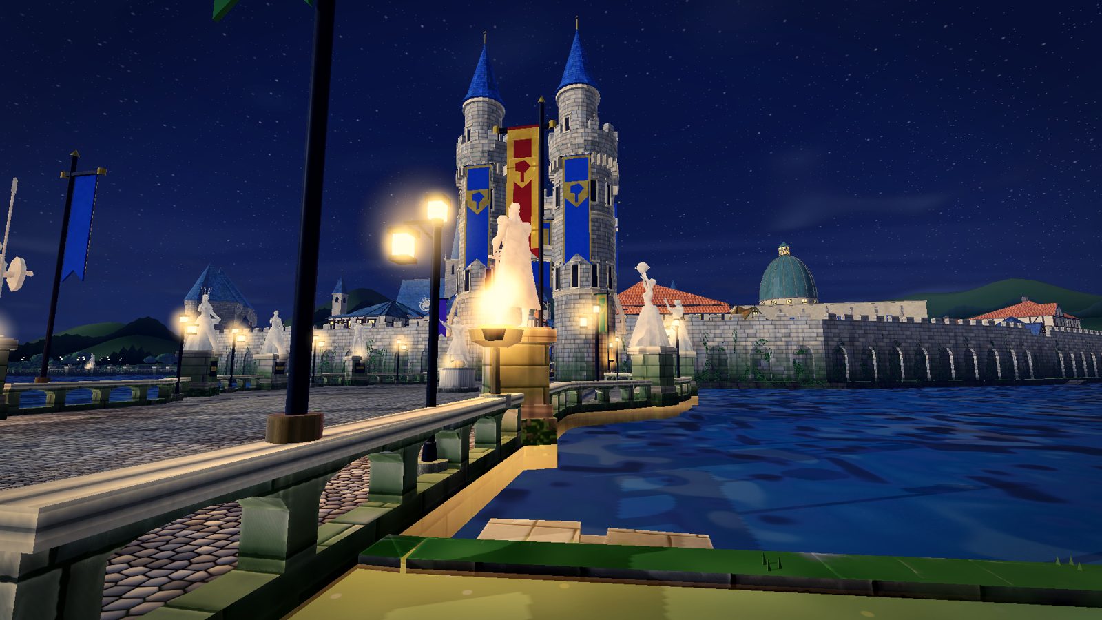 The South Gate bridge of iamar city at night: lamp posts over the moat, a flame brazier, and the twin gate towers with blue conical roofs and banners