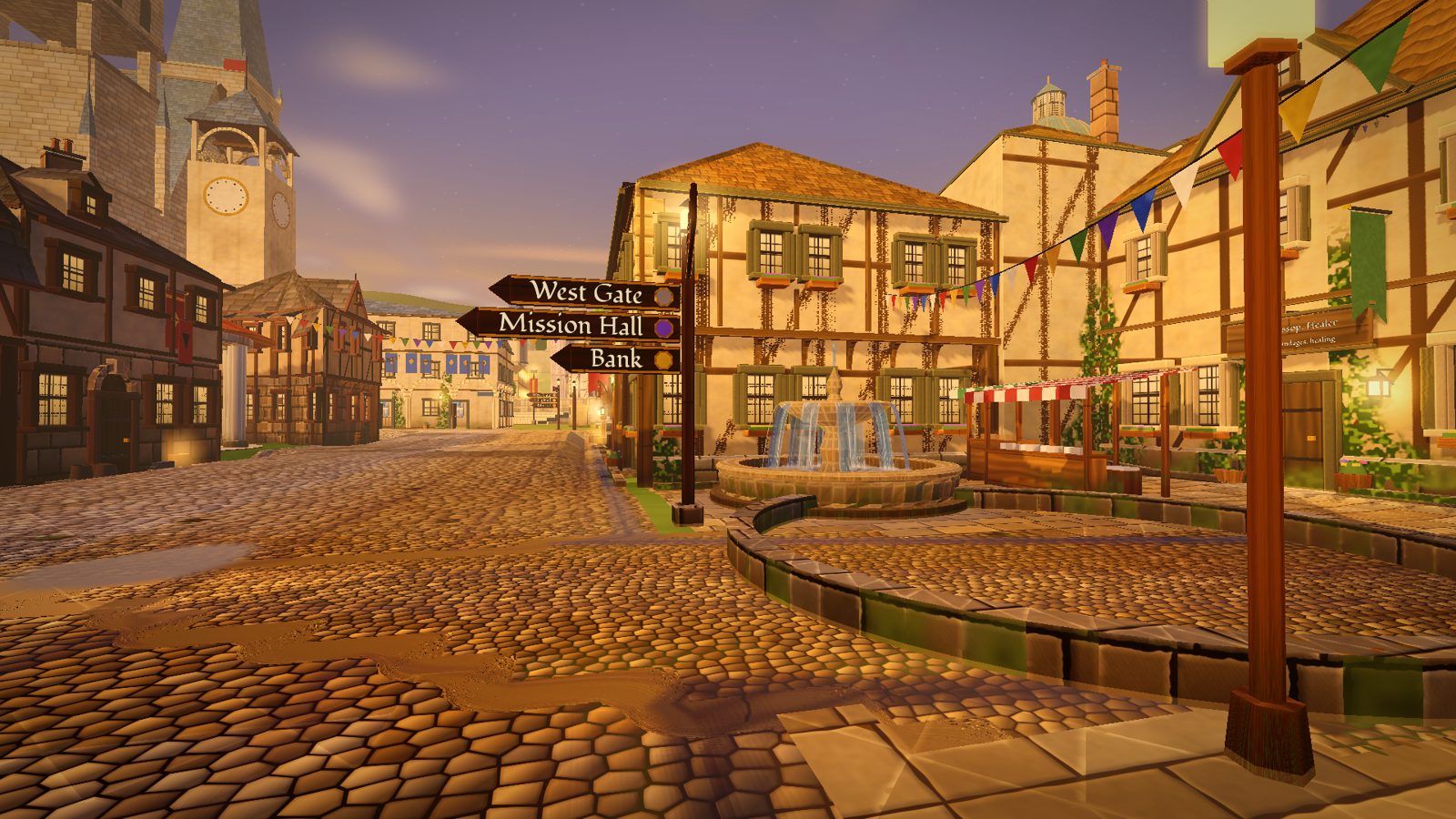 King's Way at dusk: a wayfinding signpost to West Gate, Mission Hall and Bank, a fountain, bunting and the clock tower