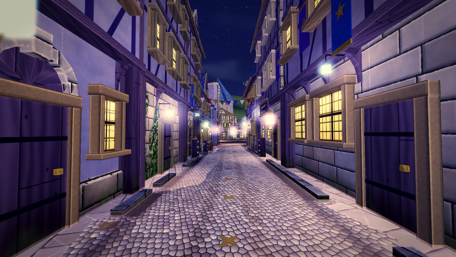 Lantern Lane in the Mages' Quarter at night: pale stone houses, violet banners, glowing lanterns over the cobbles