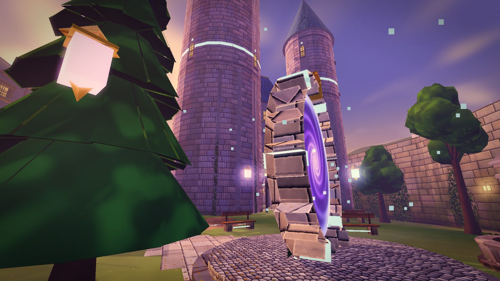 The Mages' Portal Court at dusk: a swirling violet portal in a stone frame, a round tower with a glowing ring, lanterns floating in the trees