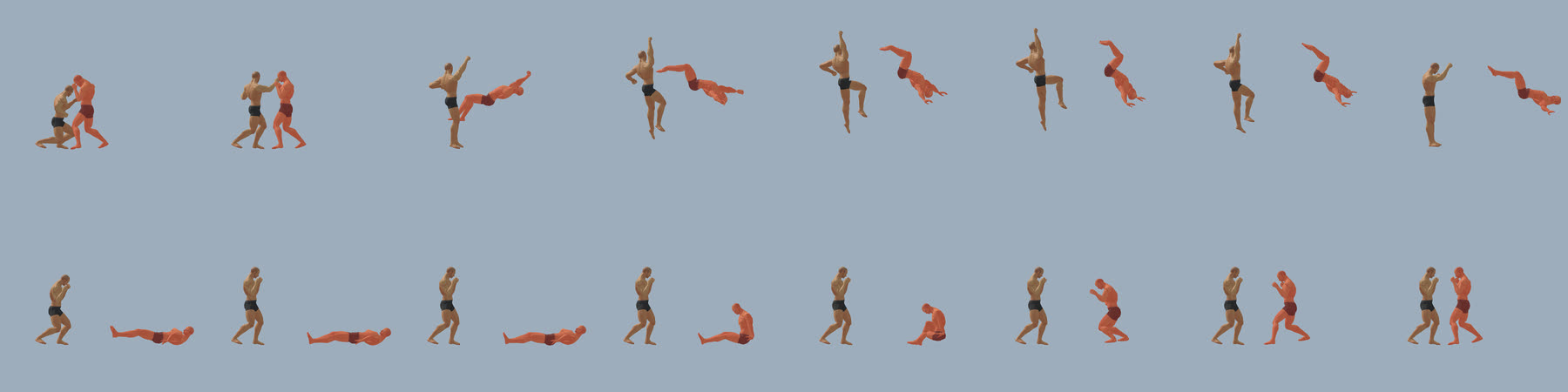 The uppercut and what it does to the opponent (red): thrown up and back, tumbling past horizontal, landing flat on the back, lying, sitting up, standing and walking back into the guard.