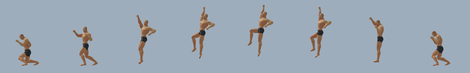 The Shoryuken strike, one pose per key time: the crouch with the fist at the hip, the fist passing the chin, the leap with the arm straight up and the knee drawn up, the landing.
