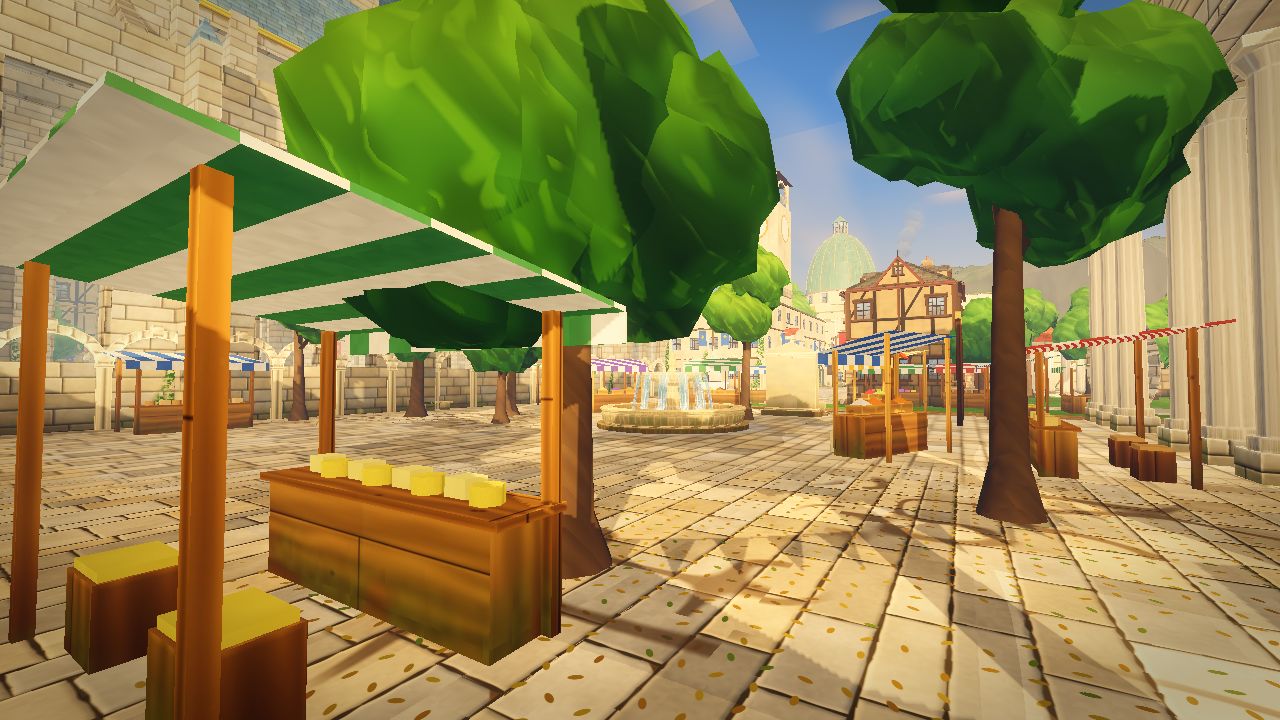 The cathedral market: stalls with striped awnings, trees, flagstone paving with joints and wear