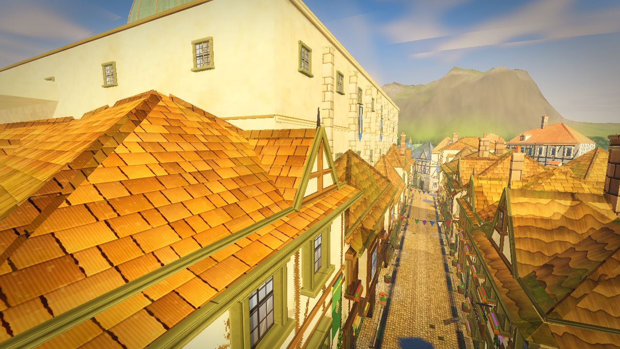 Close-up of the Herbalists' roofs: painted shingle, ridge caps, street gables