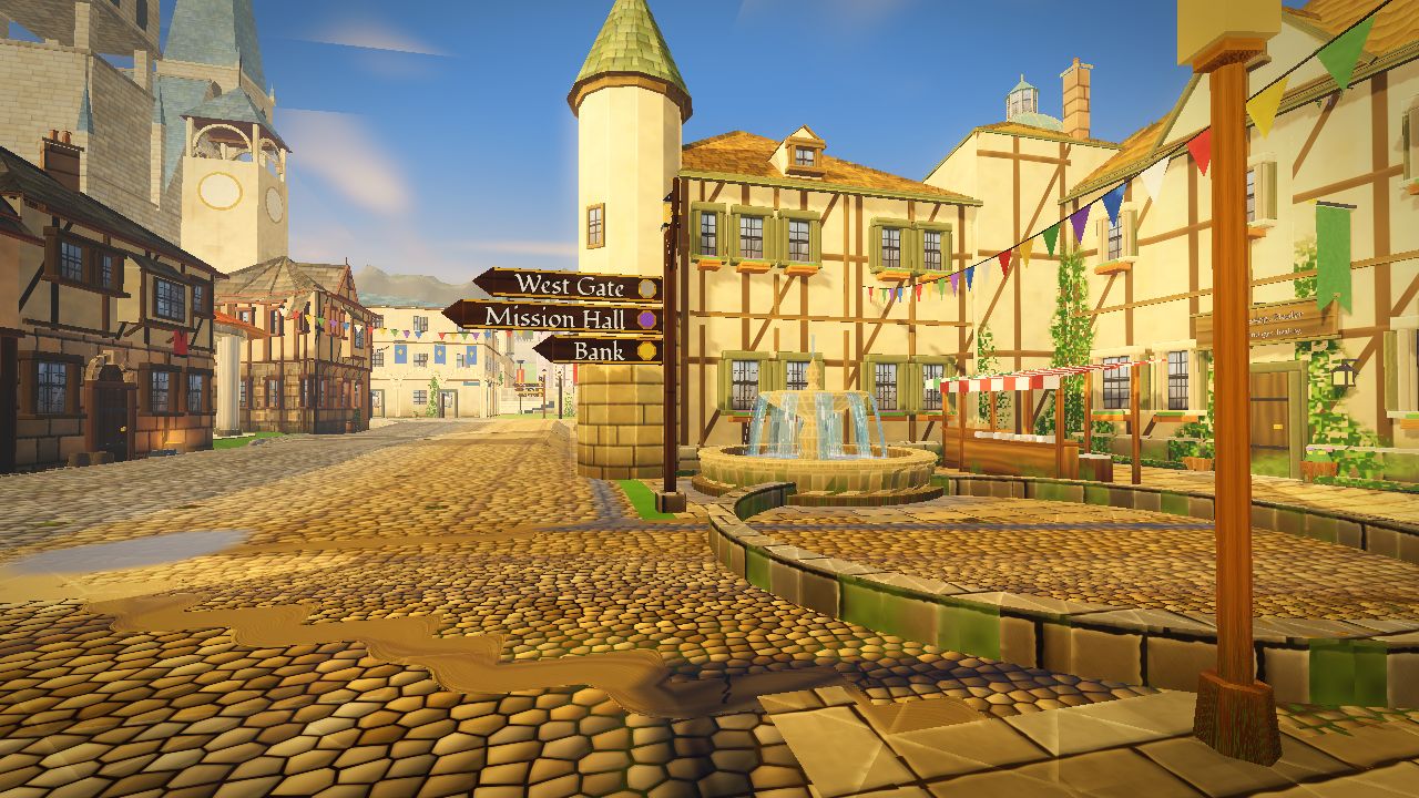 The King's Way at eye height: timber-framed plaster houses on stone ground storeys, a corner tower, a fountain, a fingerpost and bunting