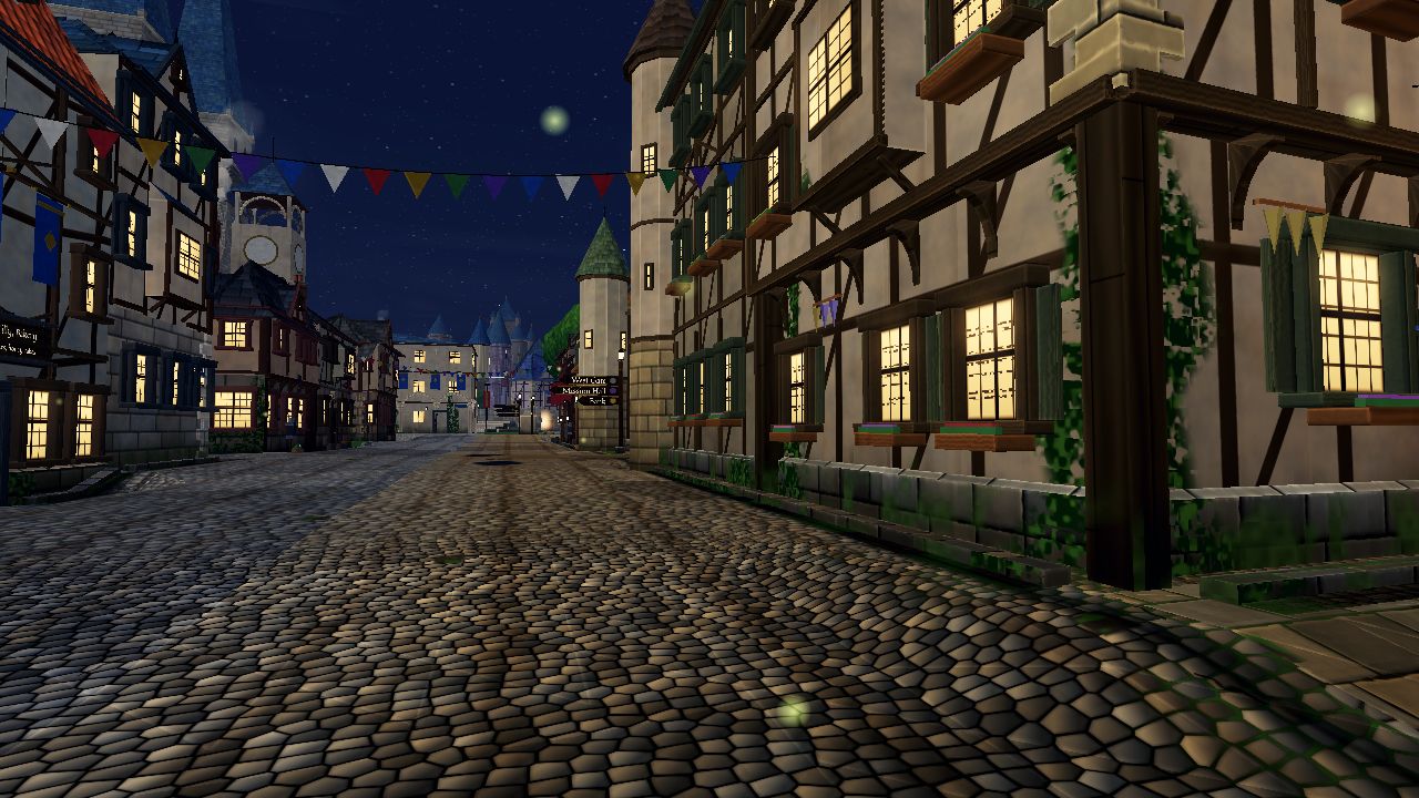 At night: warm lit windows (each quarter its own glow colour, mp_look.gd:118-119), a silver moon, the street still readable